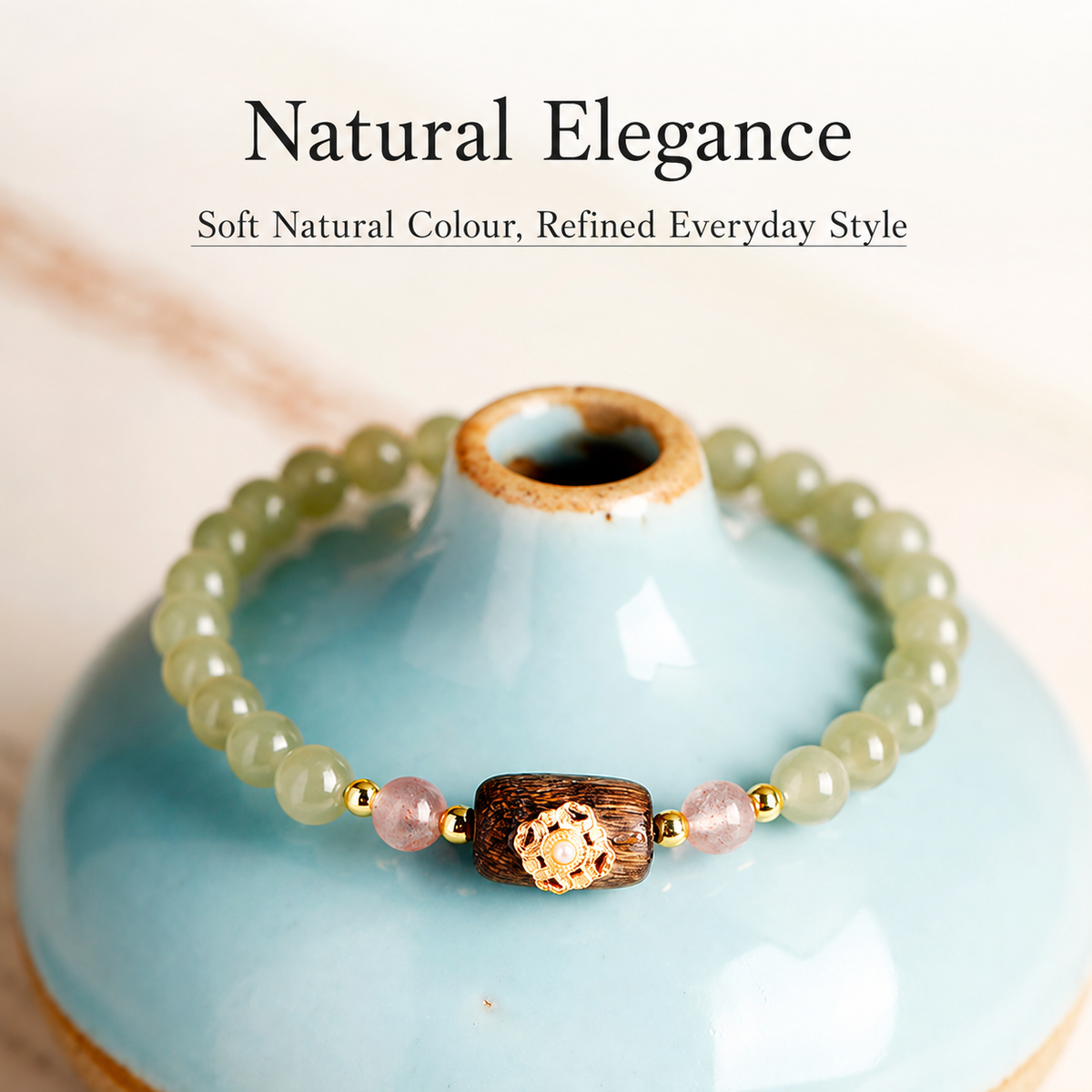 Hetian jade bracelet displayed around a ceramic vase