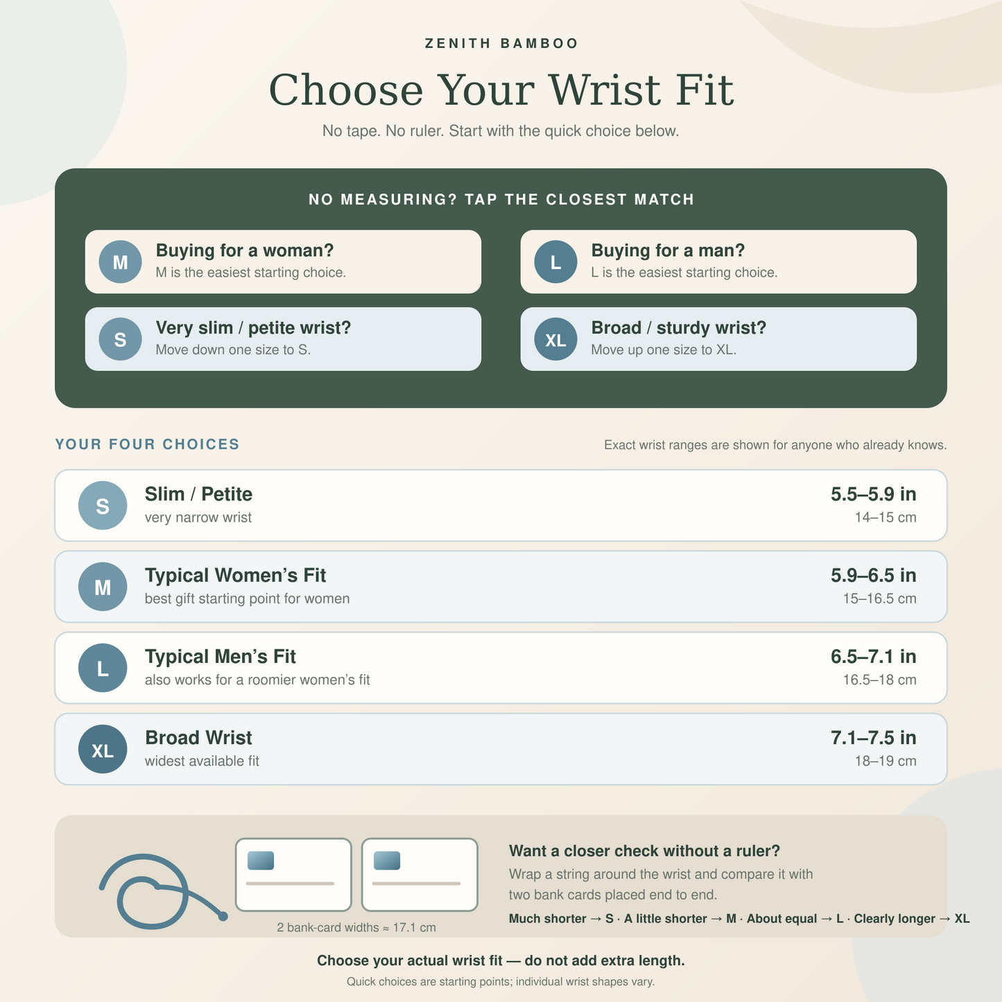 No-measuring bracelet wrist fit guide with S, M, L and XL choices