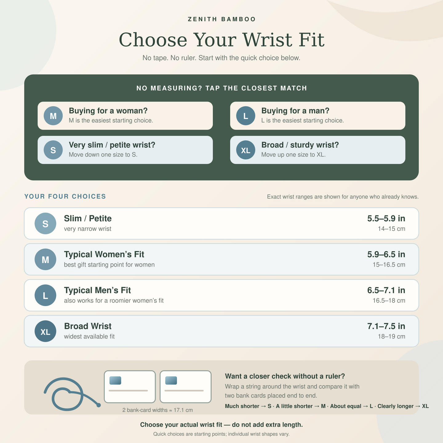 No-measuring bracelet wrist fit guide with S, M, L and XL choices