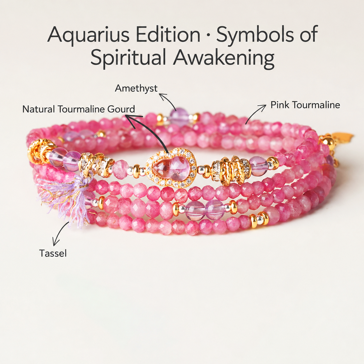 Aquarius pink tourmaline zodiac wrap bracelet with English gemstone labels