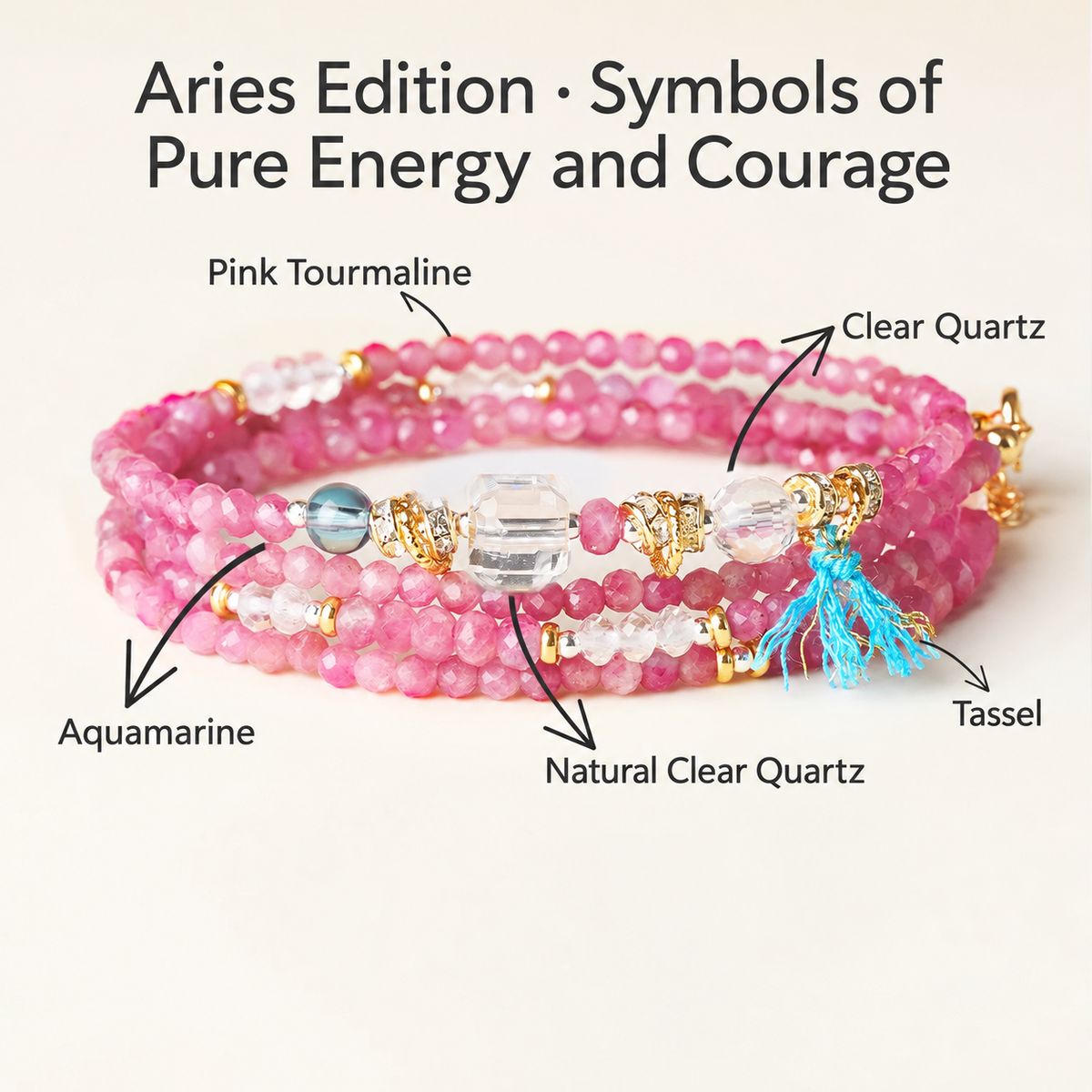 Aries pink tourmaline zodiac wrap bracelet with English gemstone labels