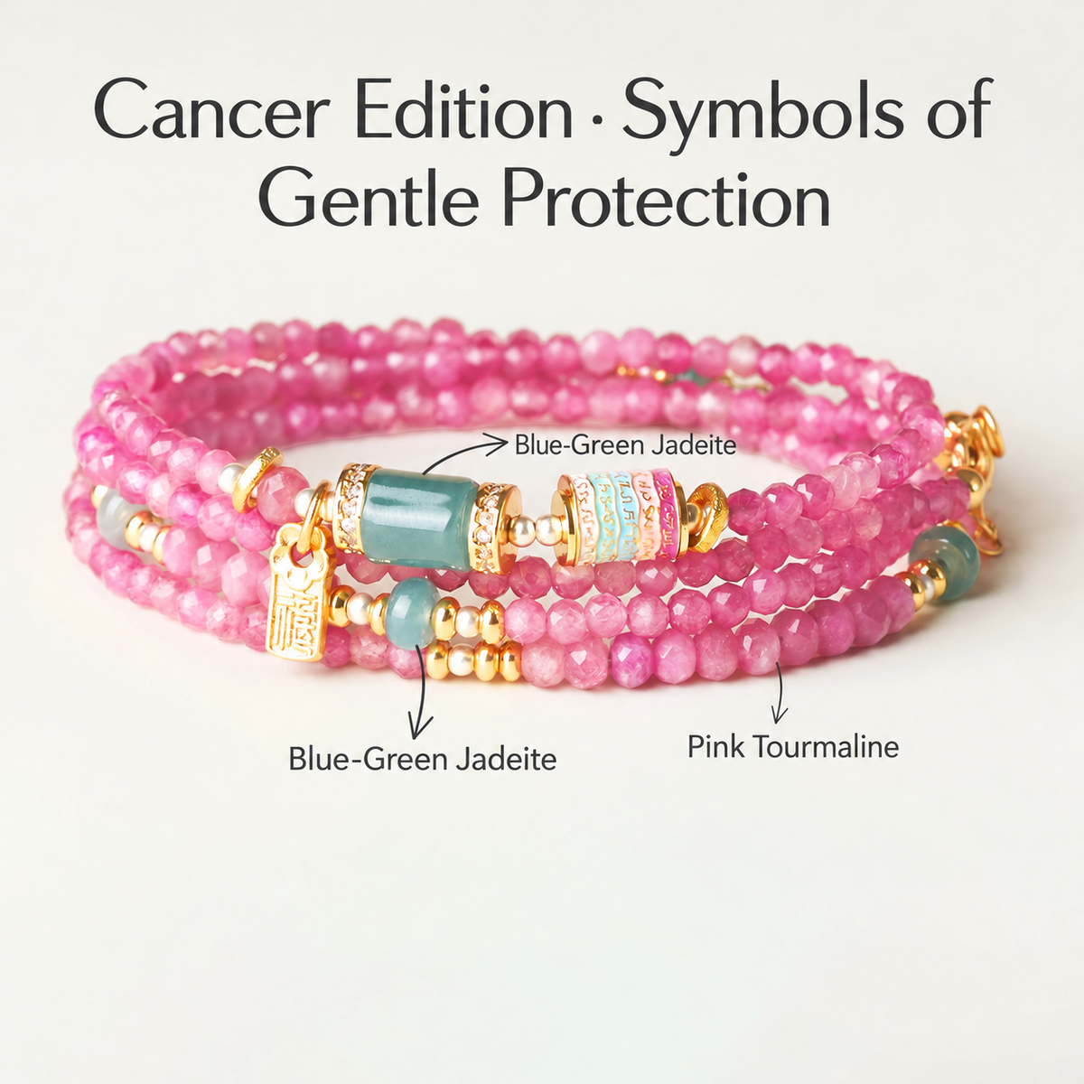 Cancer pink tourmaline zodiac wrap bracelet with English gemstone labels