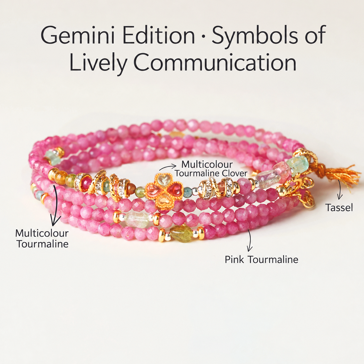 Gemini pink tourmaline zodiac wrap bracelet with English gemstone labels