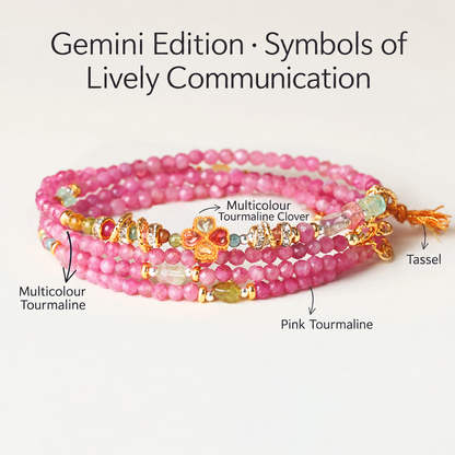 Gemini pink tourmaline zodiac wrap bracelet with English gemstone labels
