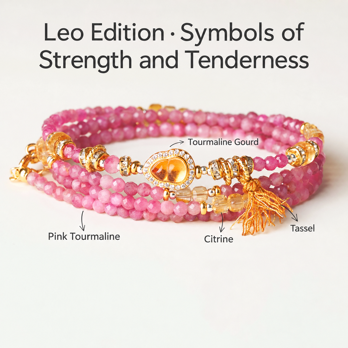 Leo pink tourmaline zodiac wrap bracelet with English gemstone labels