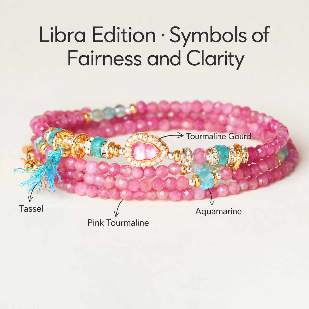 Libra pink tourmaline zodiac wrap bracelet with English gemstone labels