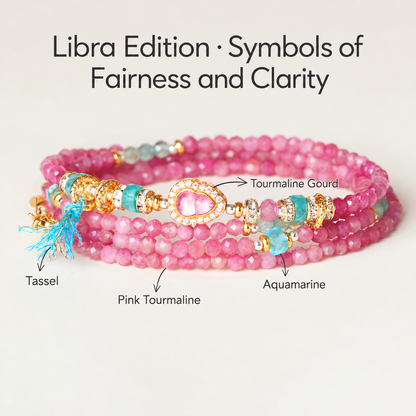 Libra pink tourmaline zodiac wrap bracelet with English gemstone labels