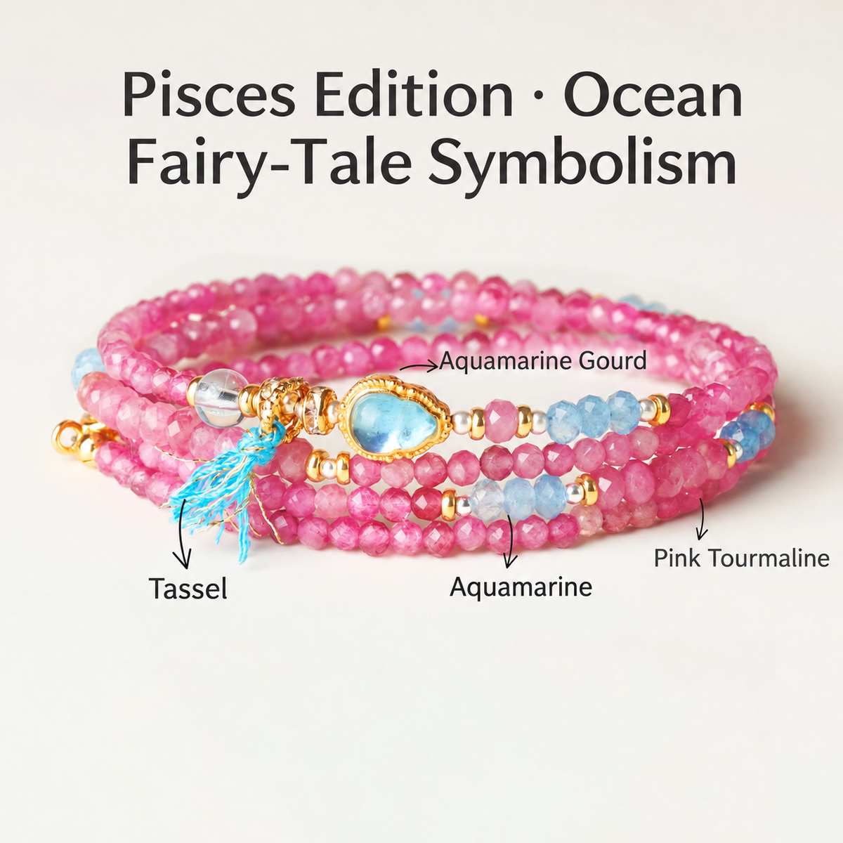 Pisces pink tourmaline zodiac wrap bracelet with English gemstone labels