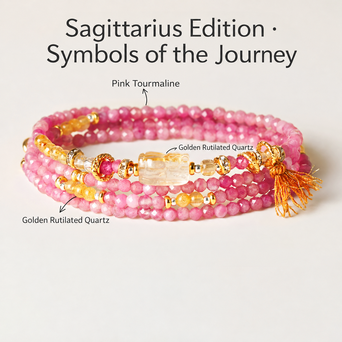 Sagittarius pink tourmaline zodiac wrap bracelet with English gemstone labels