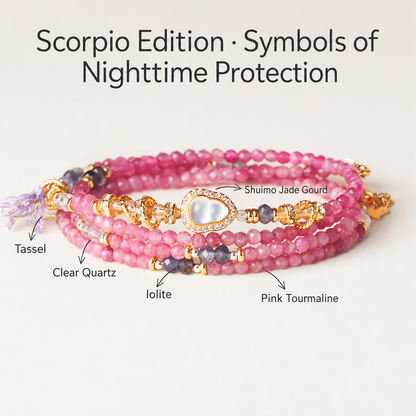 Scorpio pink tourmaline zodiac wrap bracelet with English gemstone labels