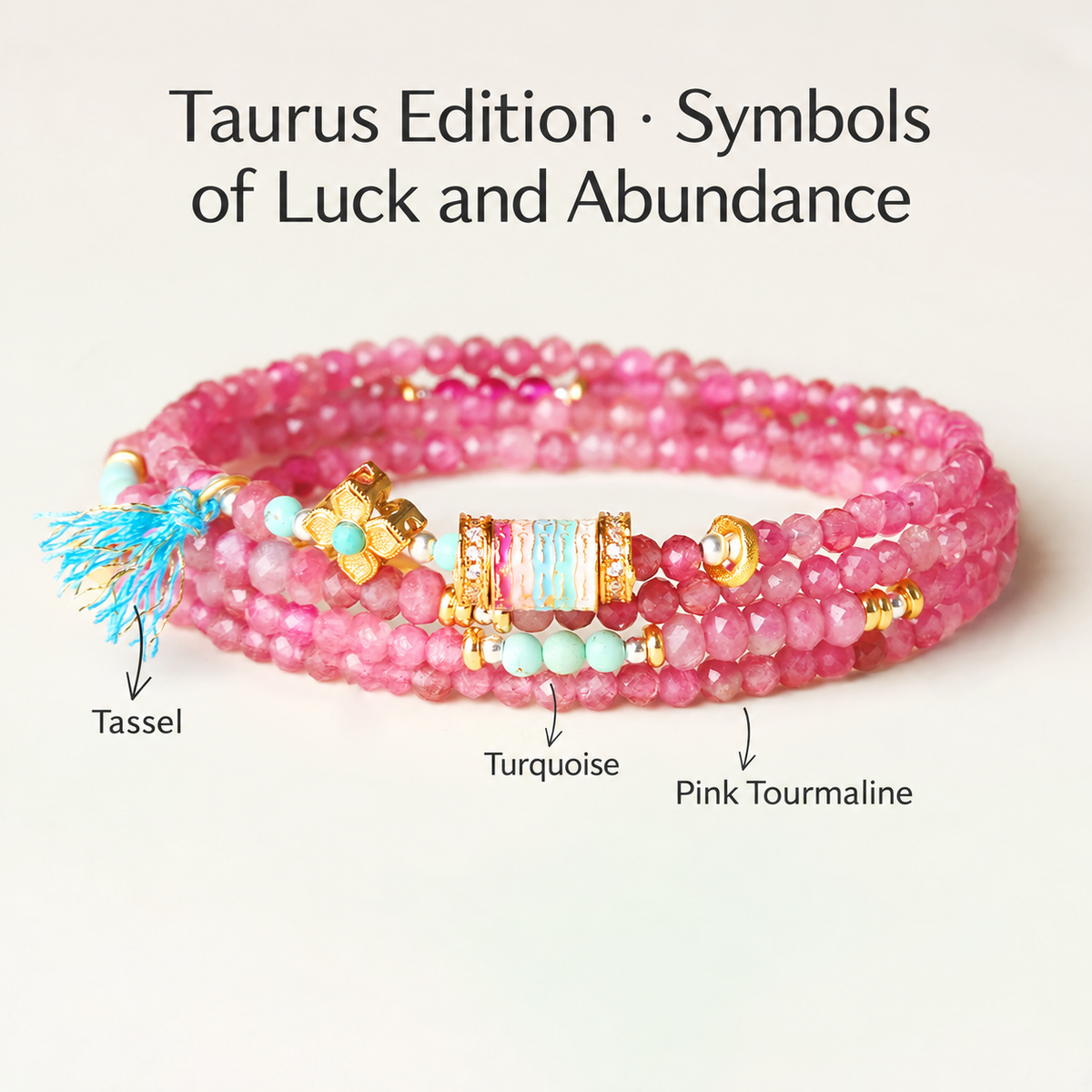 Taurus pink tourmaline zodiac wrap bracelet with English gemstone labels
