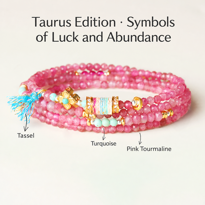 Taurus pink tourmaline zodiac wrap bracelet with English gemstone labels