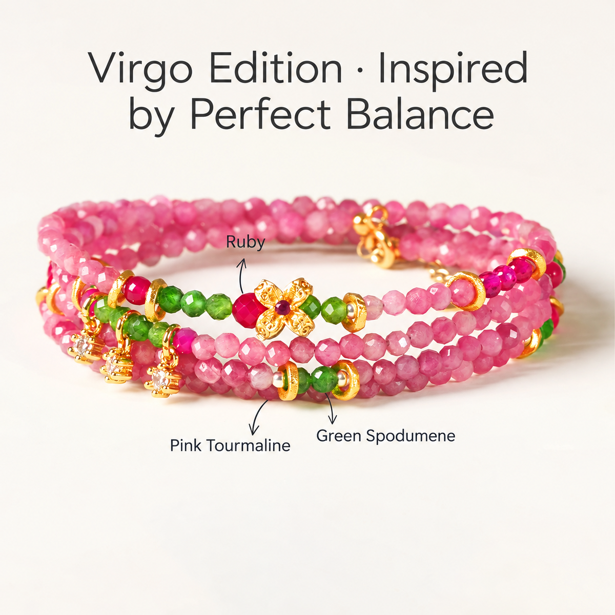 Virgo pink tourmaline zodiac wrap bracelet with English gemstone labels