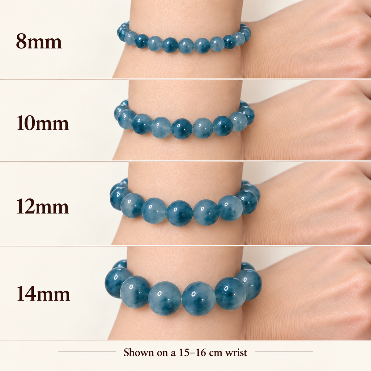 Blue water jadeite bracelet size comparison: 8mm, 10mm, 12mm and 14mm on matching wrists
