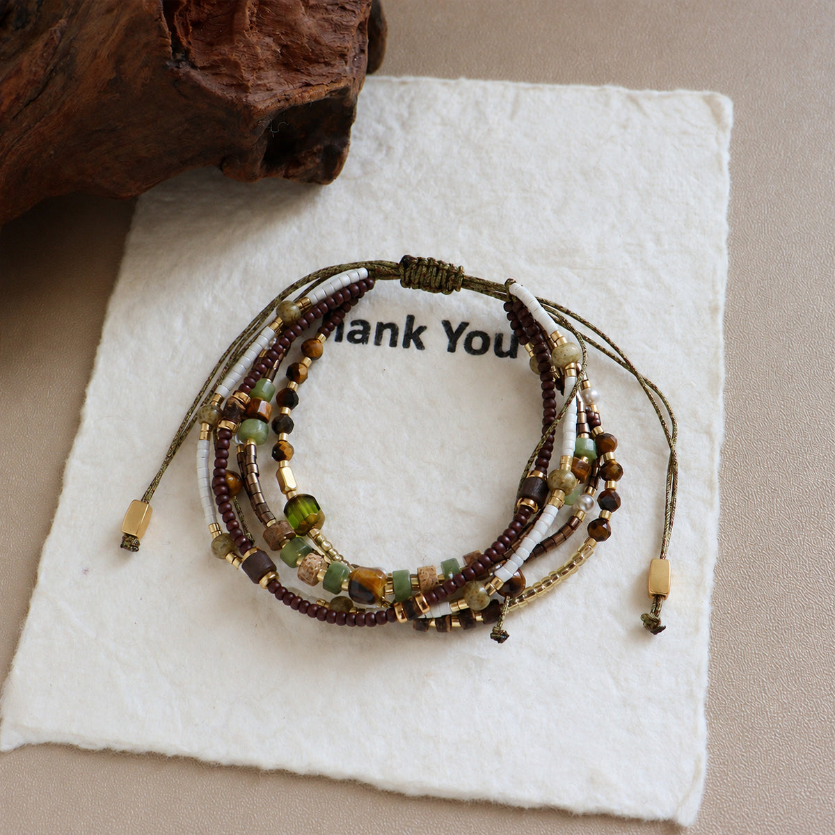 Earthy Green & Brown style brown and green multi-row bracelet