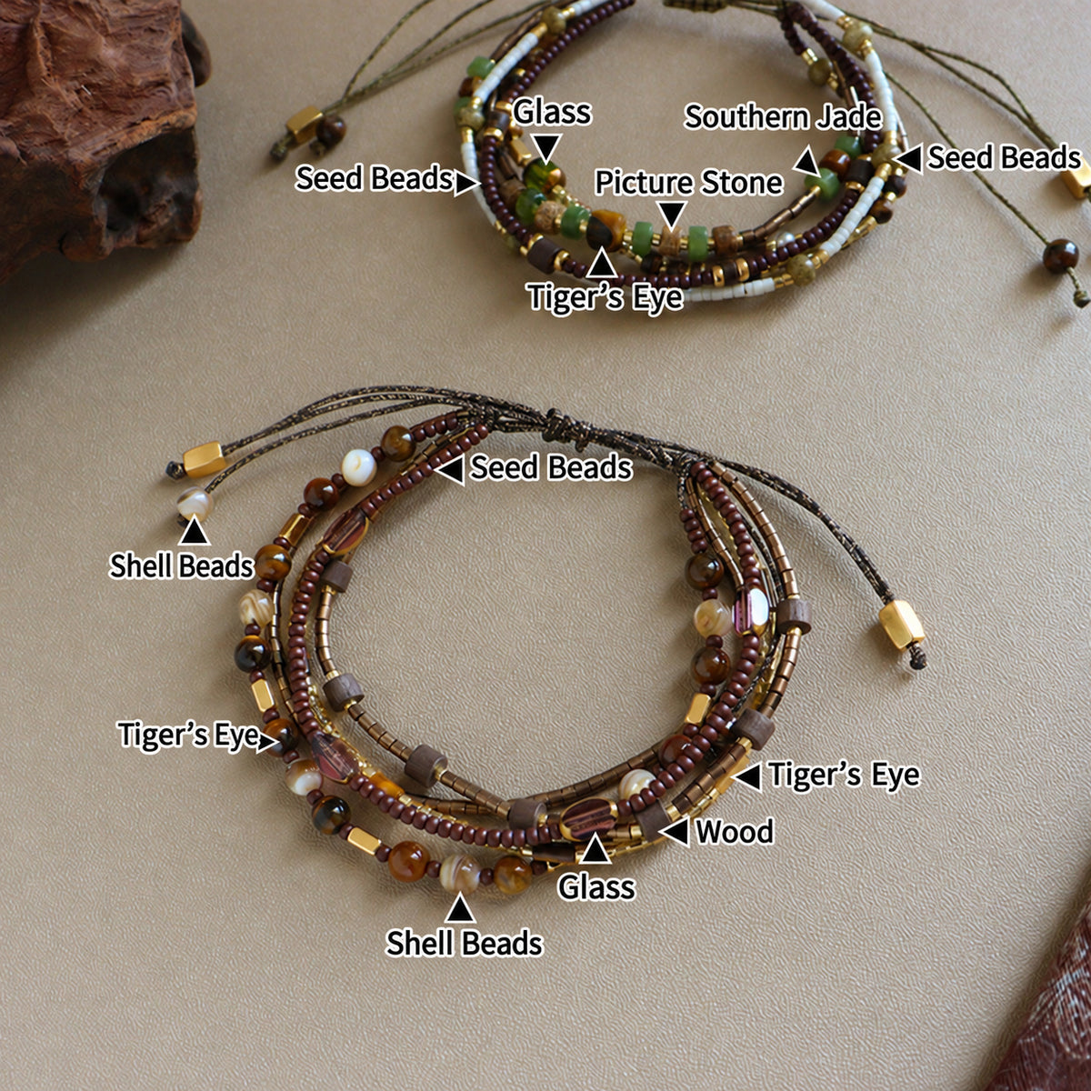 English material labels for Earthy Green & Brown and Shell Beads styles