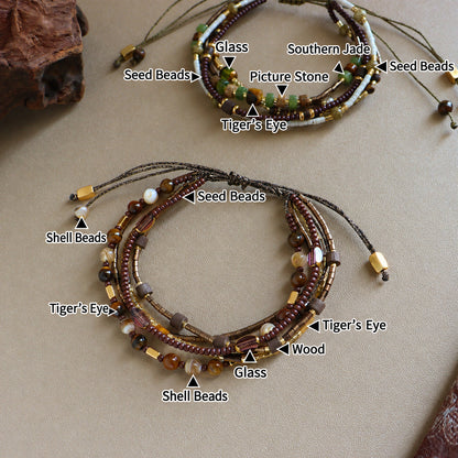 English material labels for Earthy Green & Brown and Shell Beads styles