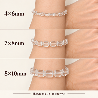 Clear quartz barrel bracelet size comparison: 4x6mm, 7x8mm and 8x10mm on matching wrists