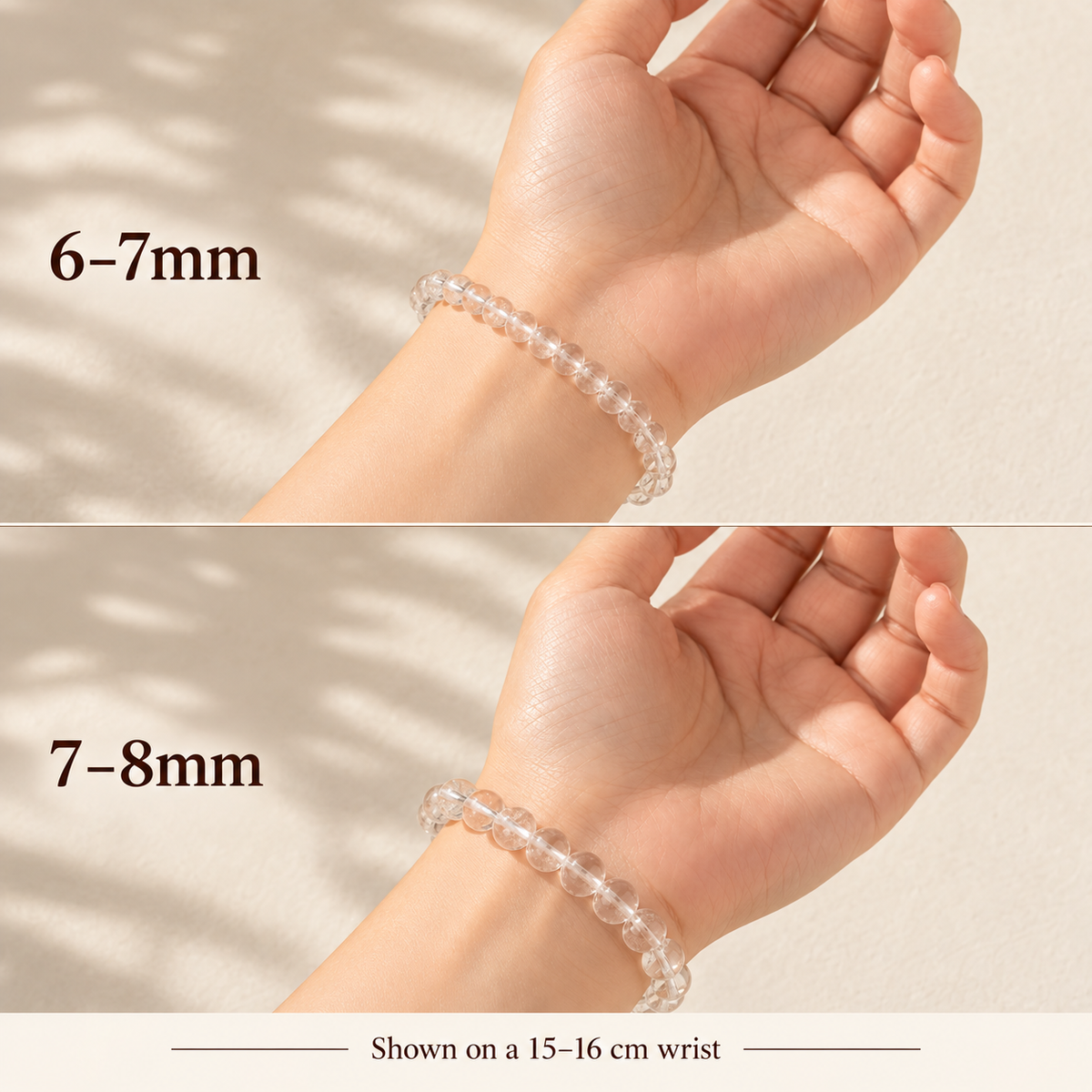 Minimalist clear quartz bracelet size comparison: 6-7mm and 7-8mm on matching wrists