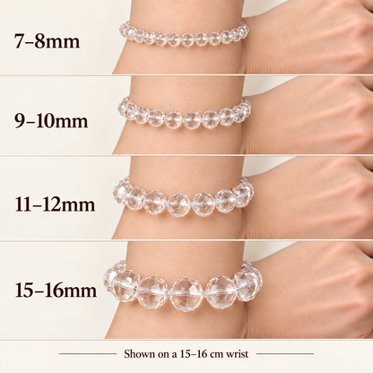 Faceted clear quartz bracelet size comparison: 7-8mm, 9-10mm, 11-12mm and 15-16mm on matching wrists