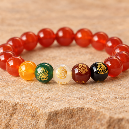 Close-up of the five symbolic agate beads with gold motifs