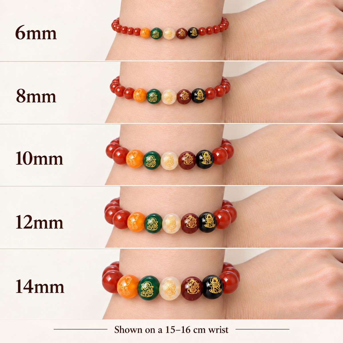 Five Elements Agate Bracelet size comparison: 6mm, 8mm, 10mm, 12mm and 14mm shown neatly on matching wrists