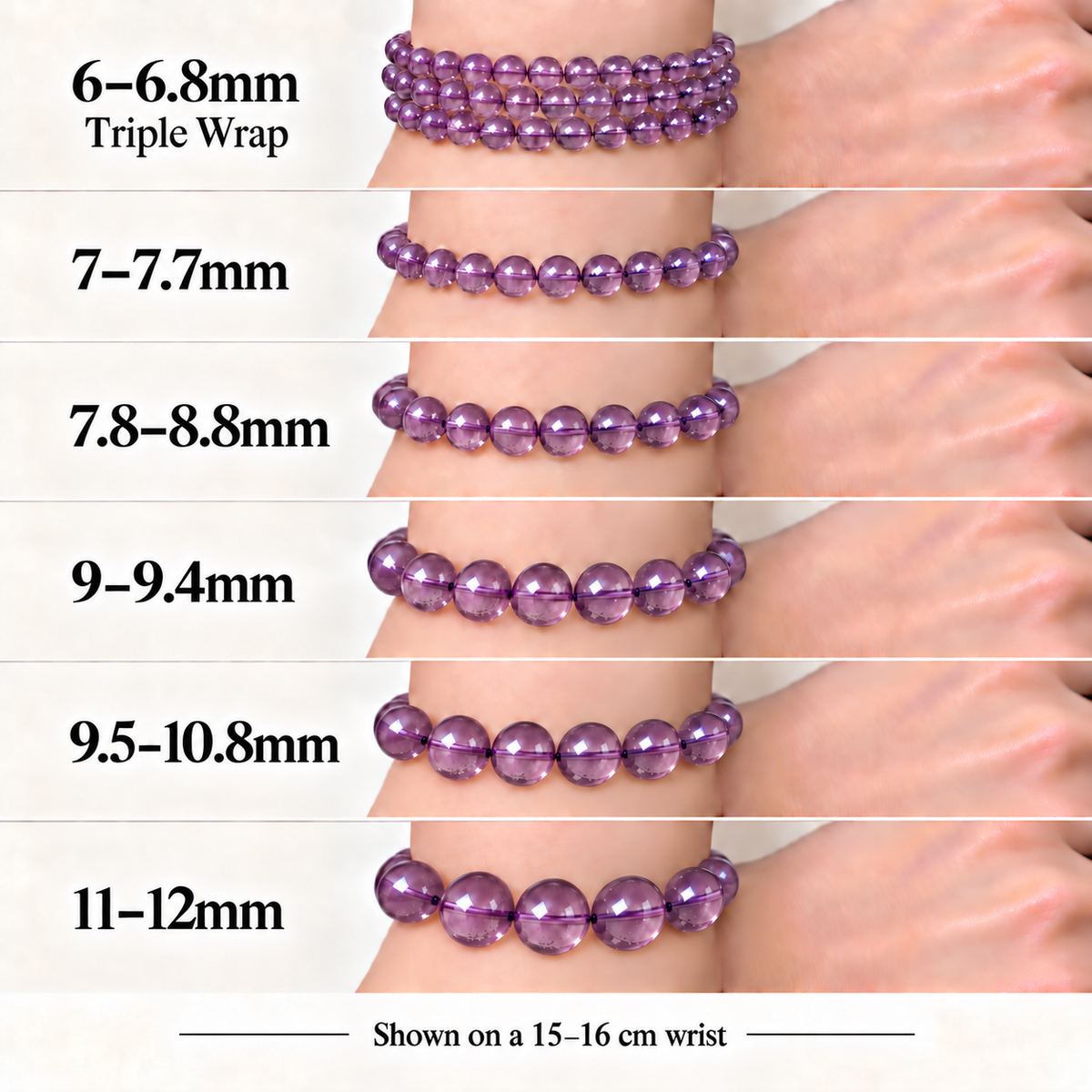 Light amethyst bracelet size comparison from 6–6.8mm triple wrap through 11–12mm single wrap on a 15–16cm wrist