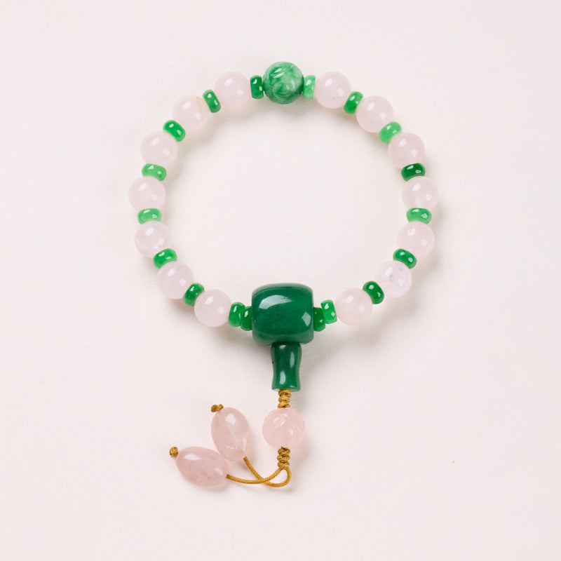 Rose Quartz – 8mm Palace Style bracelet with green accents and cord drops