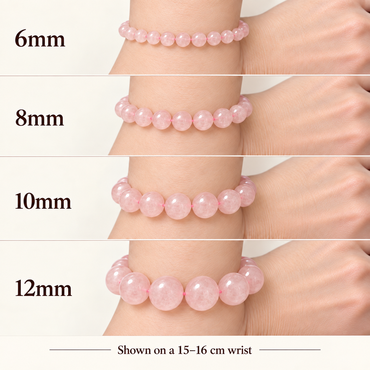 Rose quartz bracelet size comparison: 6mm, 8mm, 10mm and 12mm on matching wrists