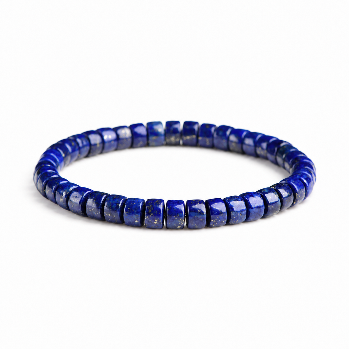 Natural lapis lazuli disc bead bracelet on white background