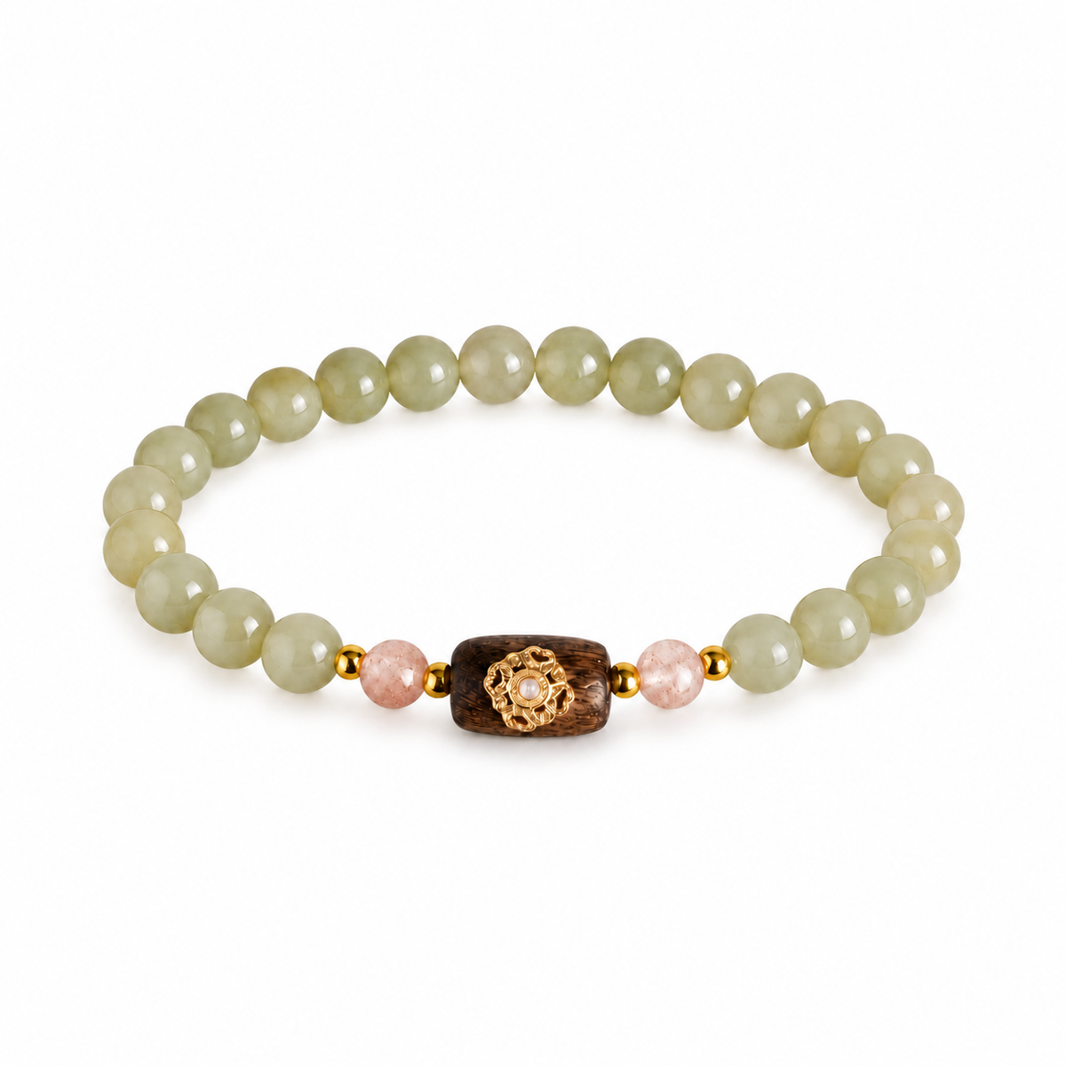 Hetian jade clover bracelet with muted olive-green beads and pink accents on white background