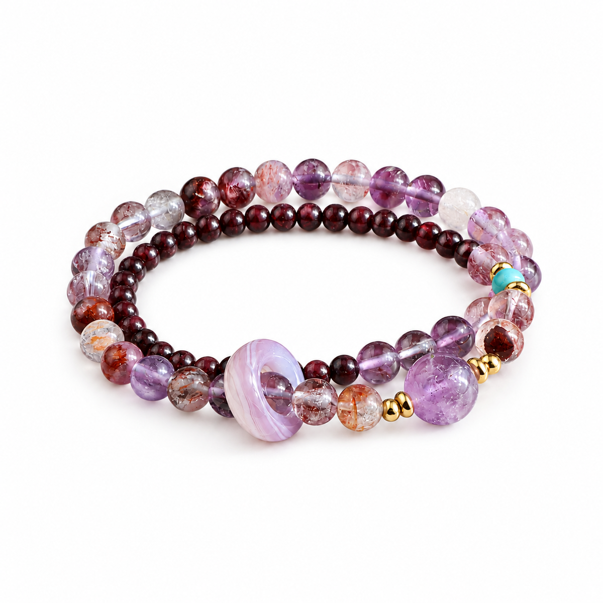 Purple phantom quartz and garnet double-wrap bracelet with running ring on white background