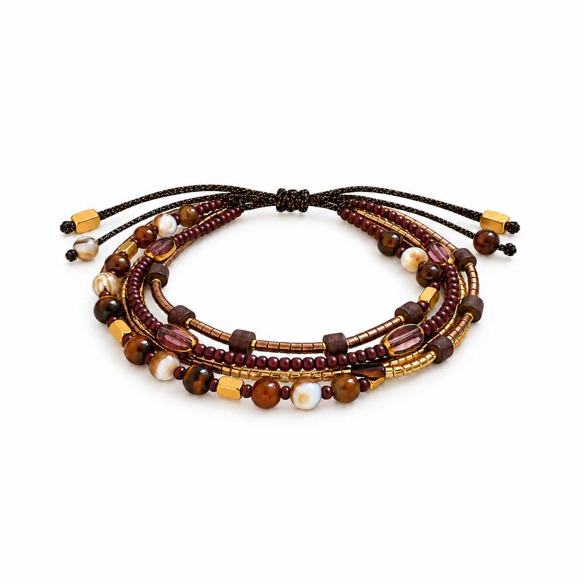 Shell bead multi-row adjustable bracelet on white background