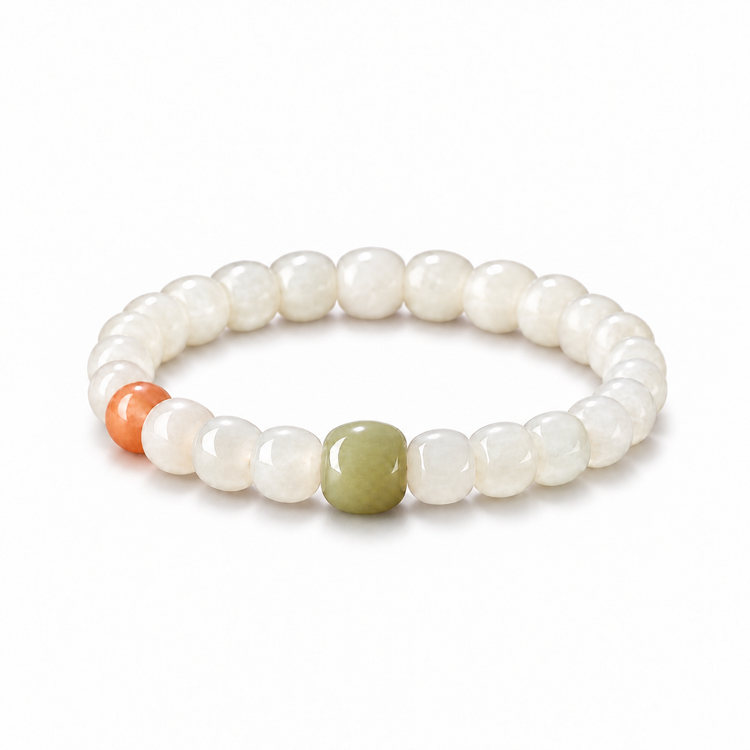 Hetian jade barrel bead bracelet with orange and green accents on white