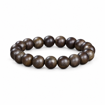 Dark brown agarwood round-bead single-loop bracelet on white