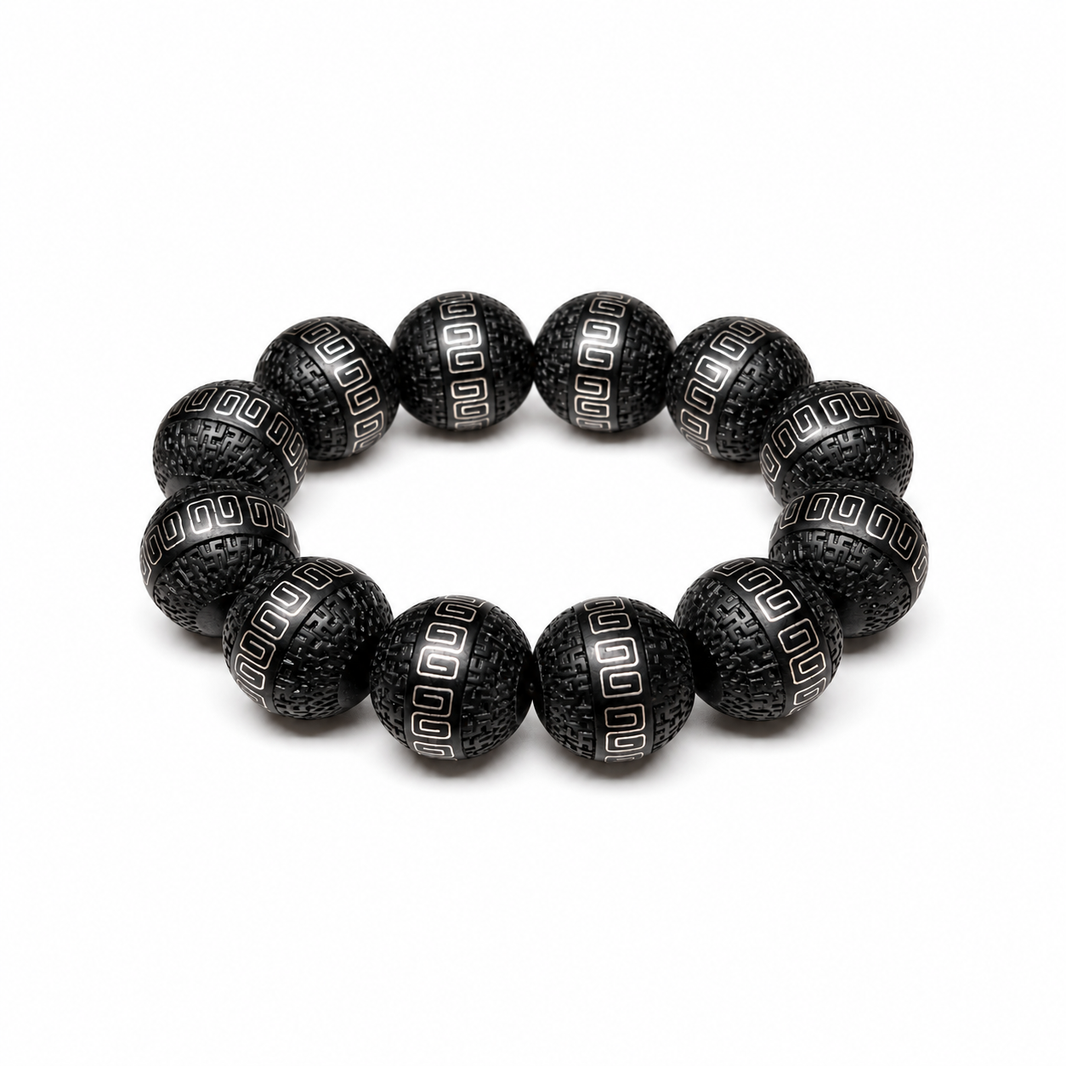 20 mm black wood bracelet with twelve carved beads and silver-tone geometric inlay