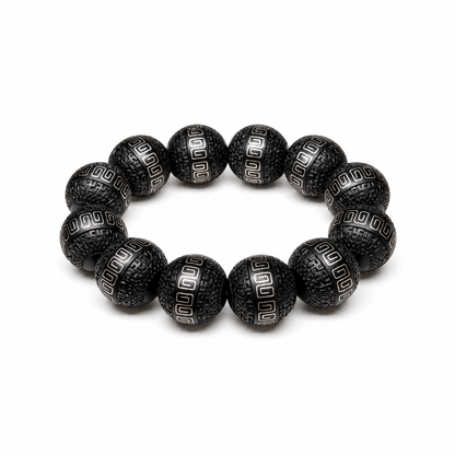 20 mm black wood bracelet with twelve carved beads and silver-tone geometric inlay