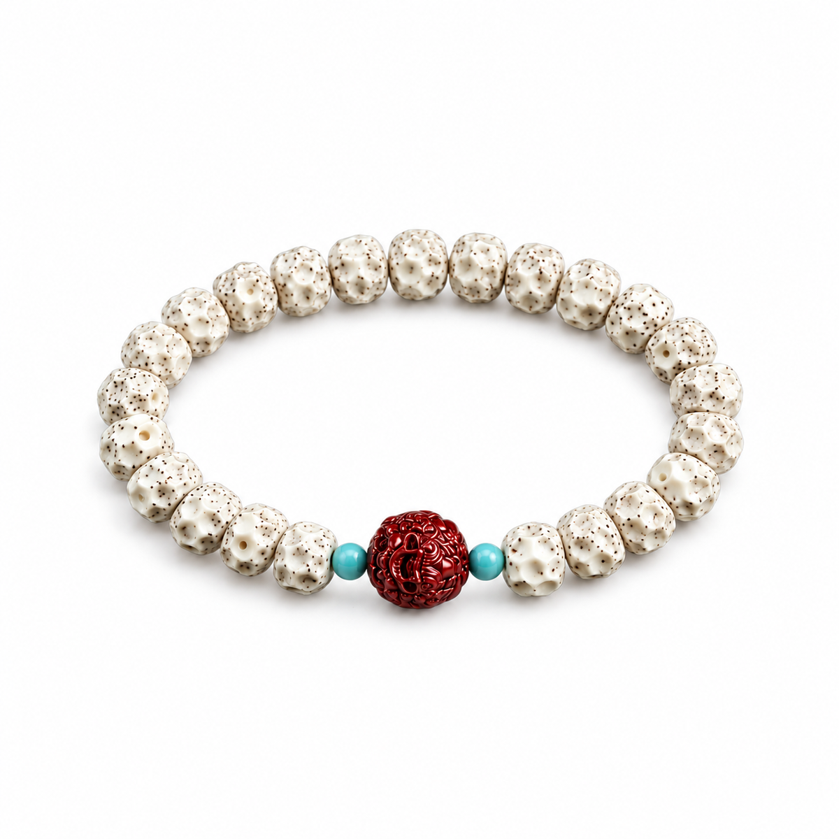 Single star and moon bodhi bracelet with cream-white textured beads, red carved Pixiu accent and two blue-green spacers on white
