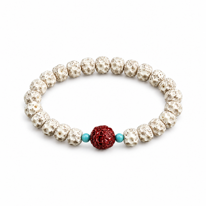 Single star and moon bodhi bracelet with cream-white textured beads, red carved Pixiu accent and two blue-green spacers on white