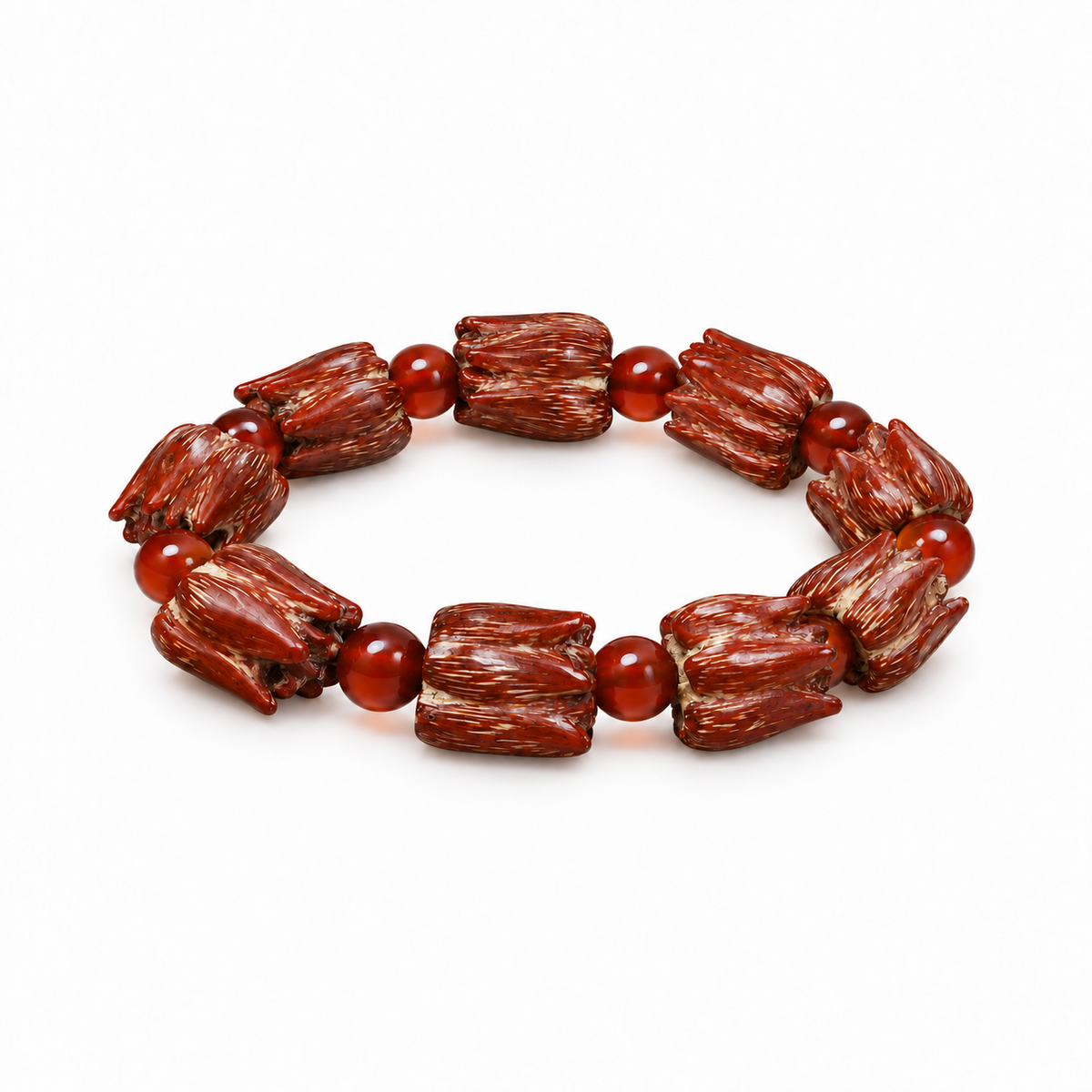 Lotus-style bodhi seed bracelet with nine seeds and round spacer beads on white