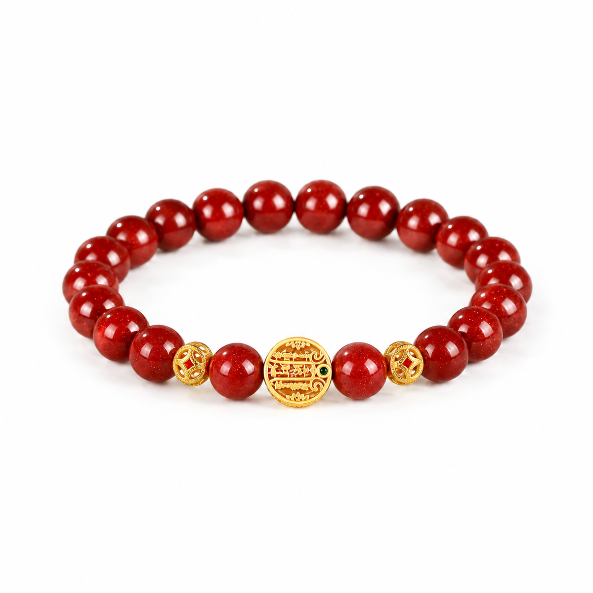 Red cinnabar bracelet with gold-tone traditional motif on white background