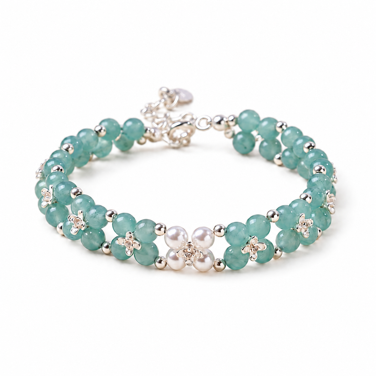 Blue chalcedony and pearl-accent double-row floral bracelet on white
