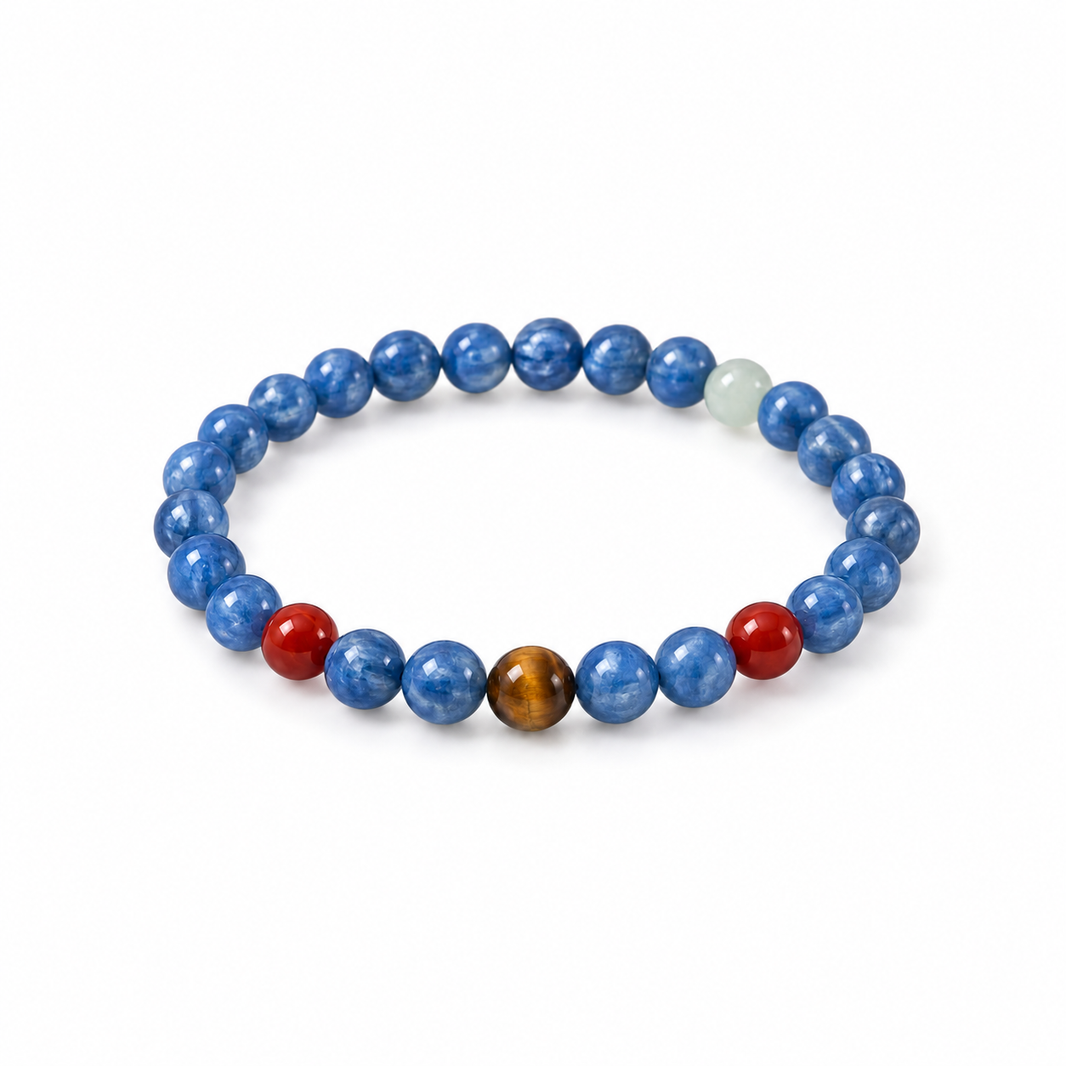 Blue kyanite bracelet with red and contrasting accent beads