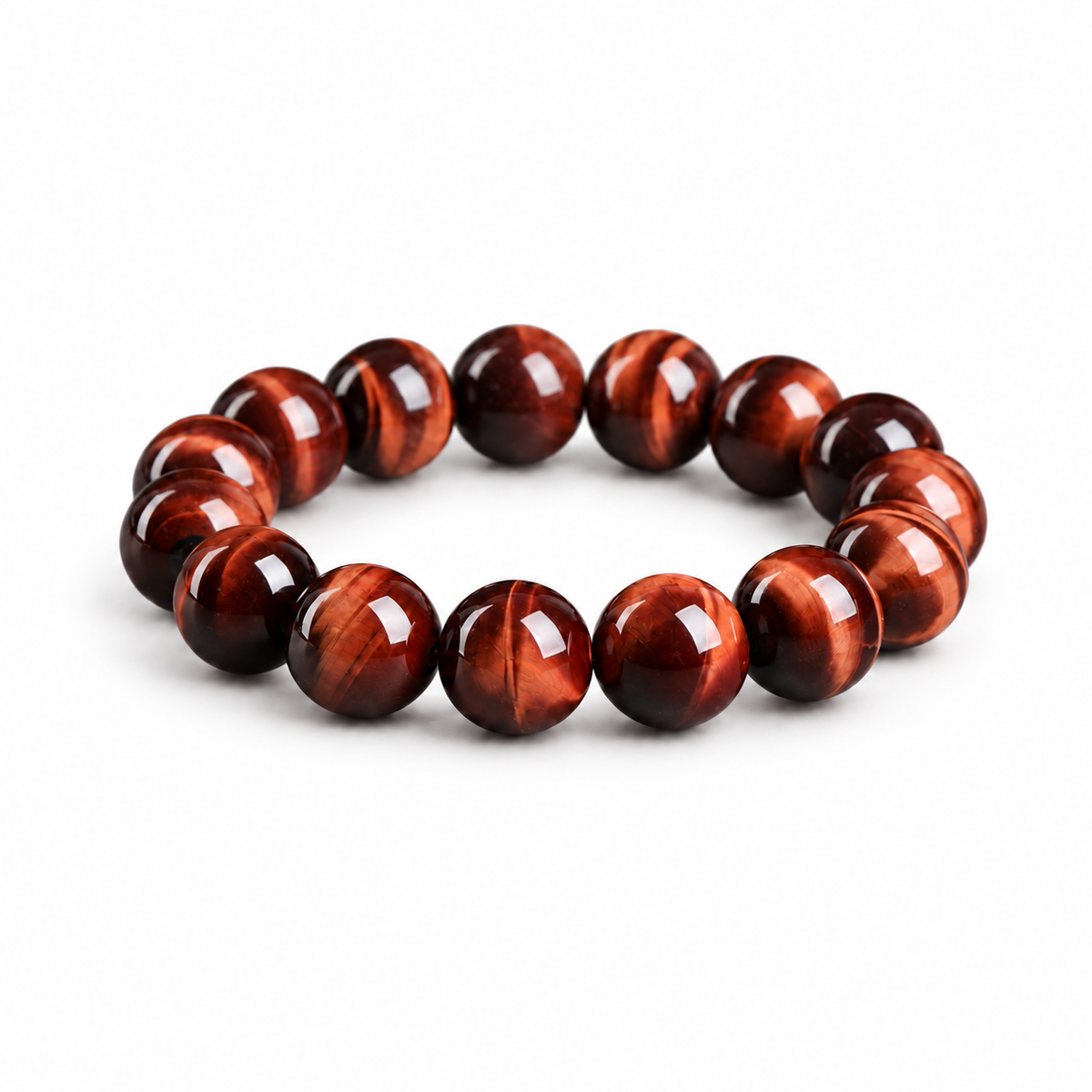 Red tiger’s eye round-bead bracelet on a white background
