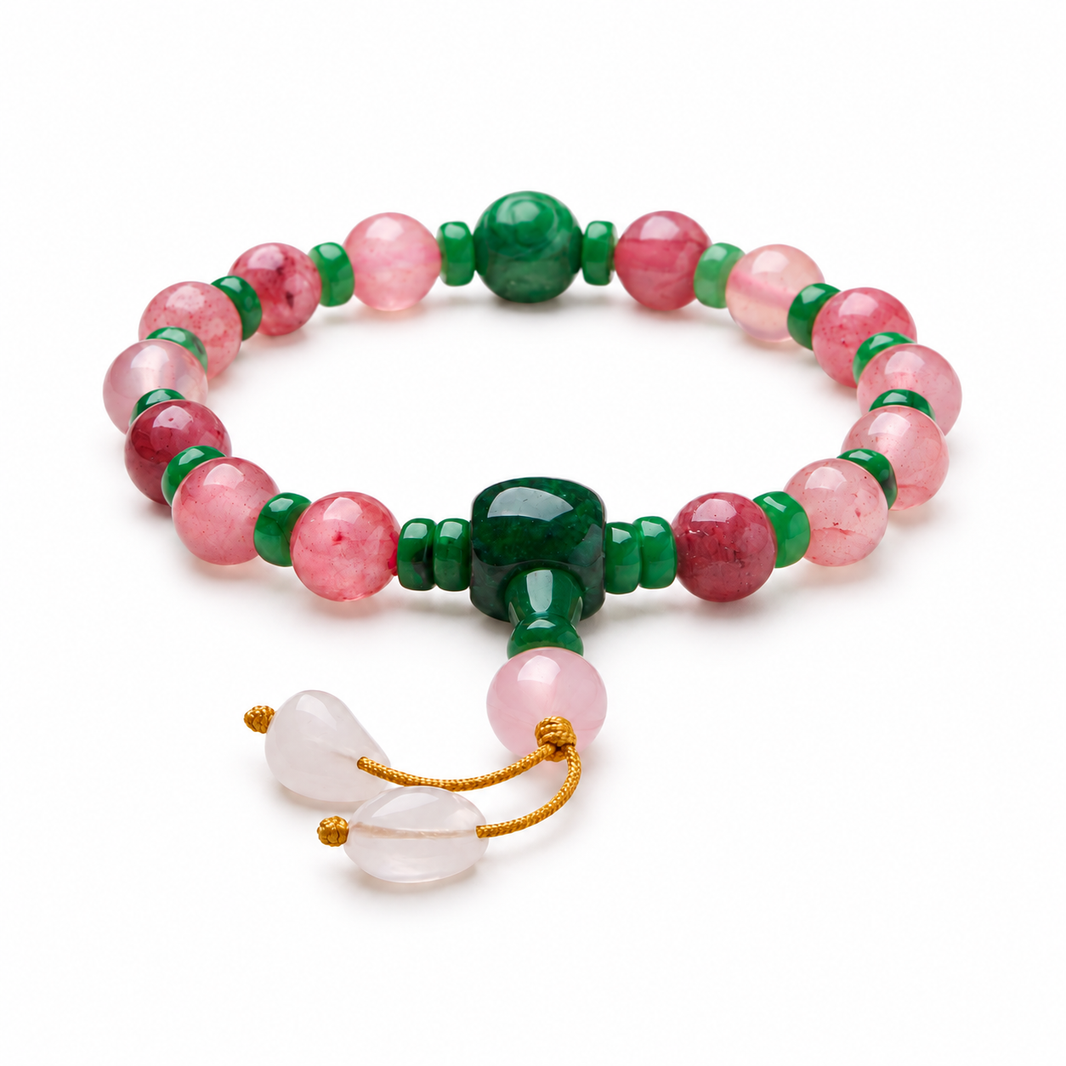 Pink patterned bead bracelet with green spacers, green connector and two white leaf drops on white