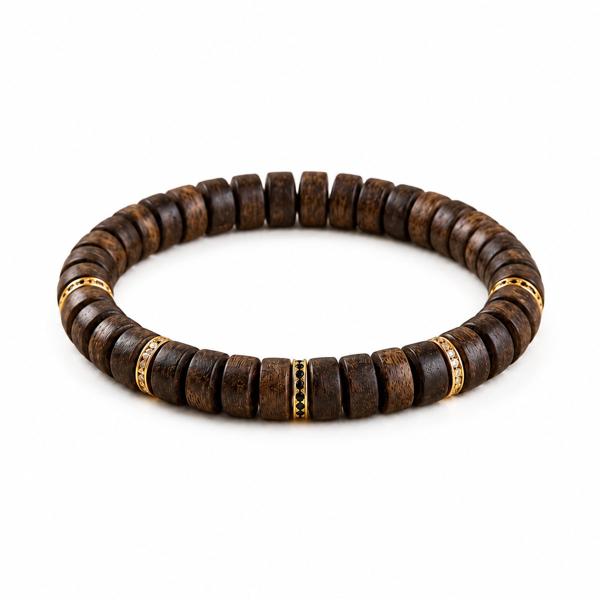Agarwood tablet bead bracelet with gold-tone spacers on white
