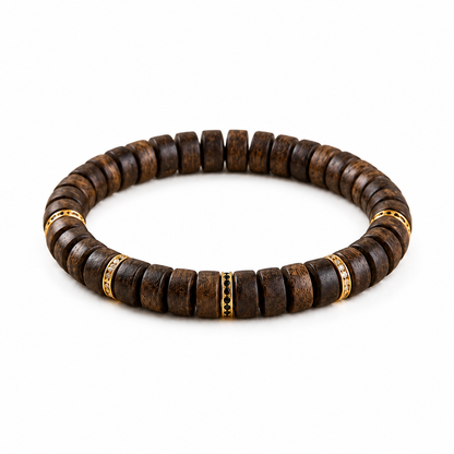 Agarwood tablet bead bracelet with gold-tone spacers on white