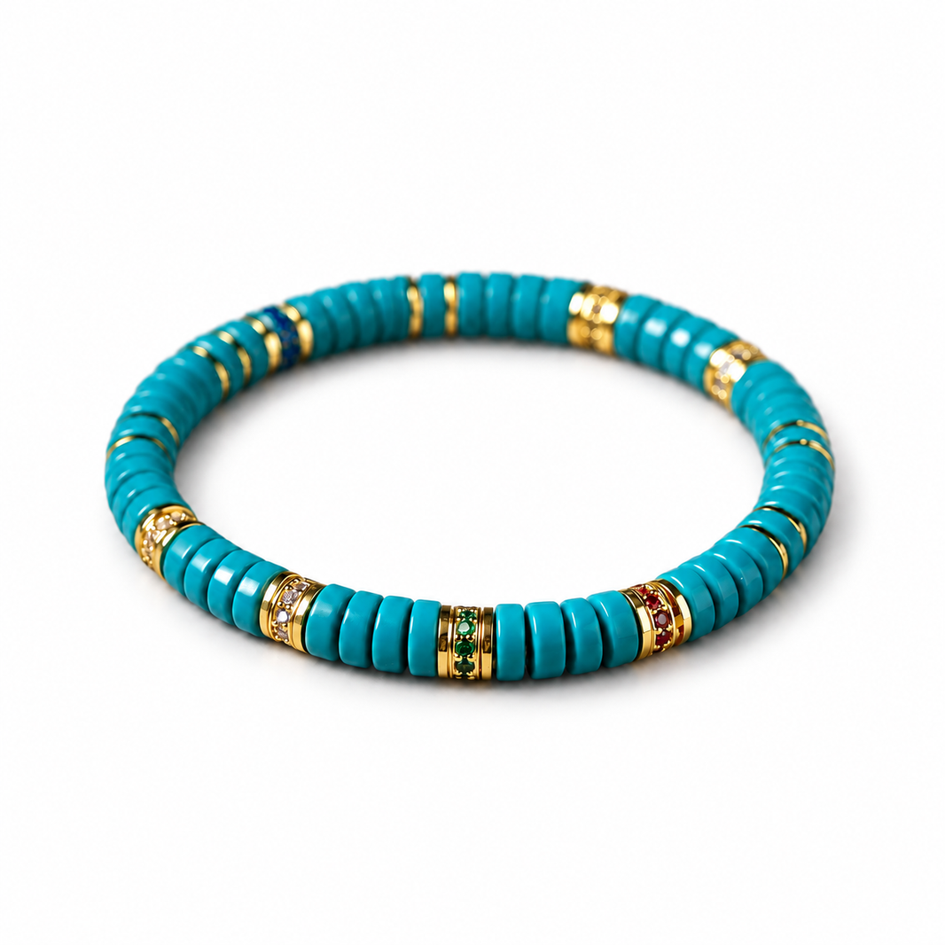 Teal-green treated turquoise-style tablet bead bracelet on white background