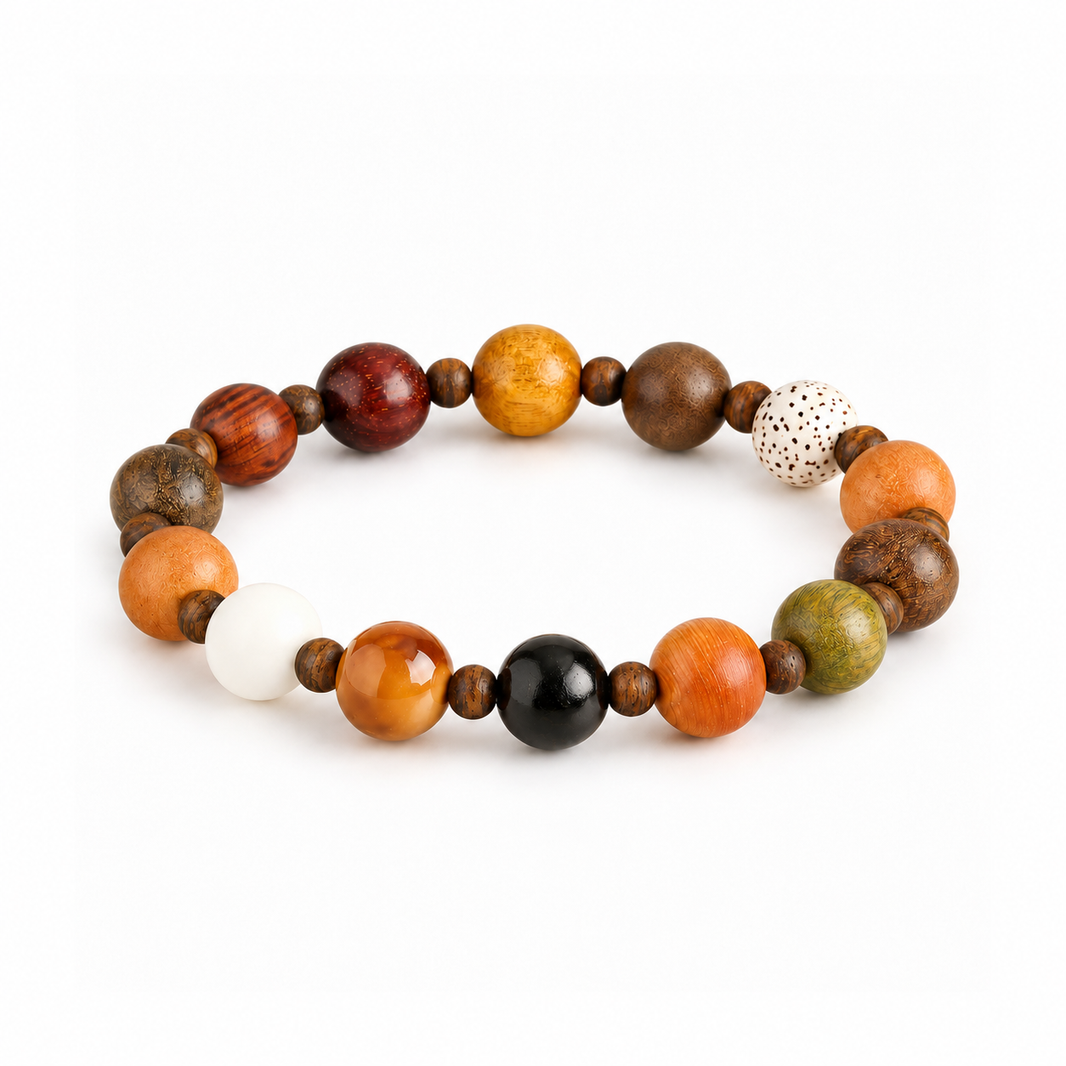 Mixed wood bead bracelet with 10mm main beads and small wooden spacers