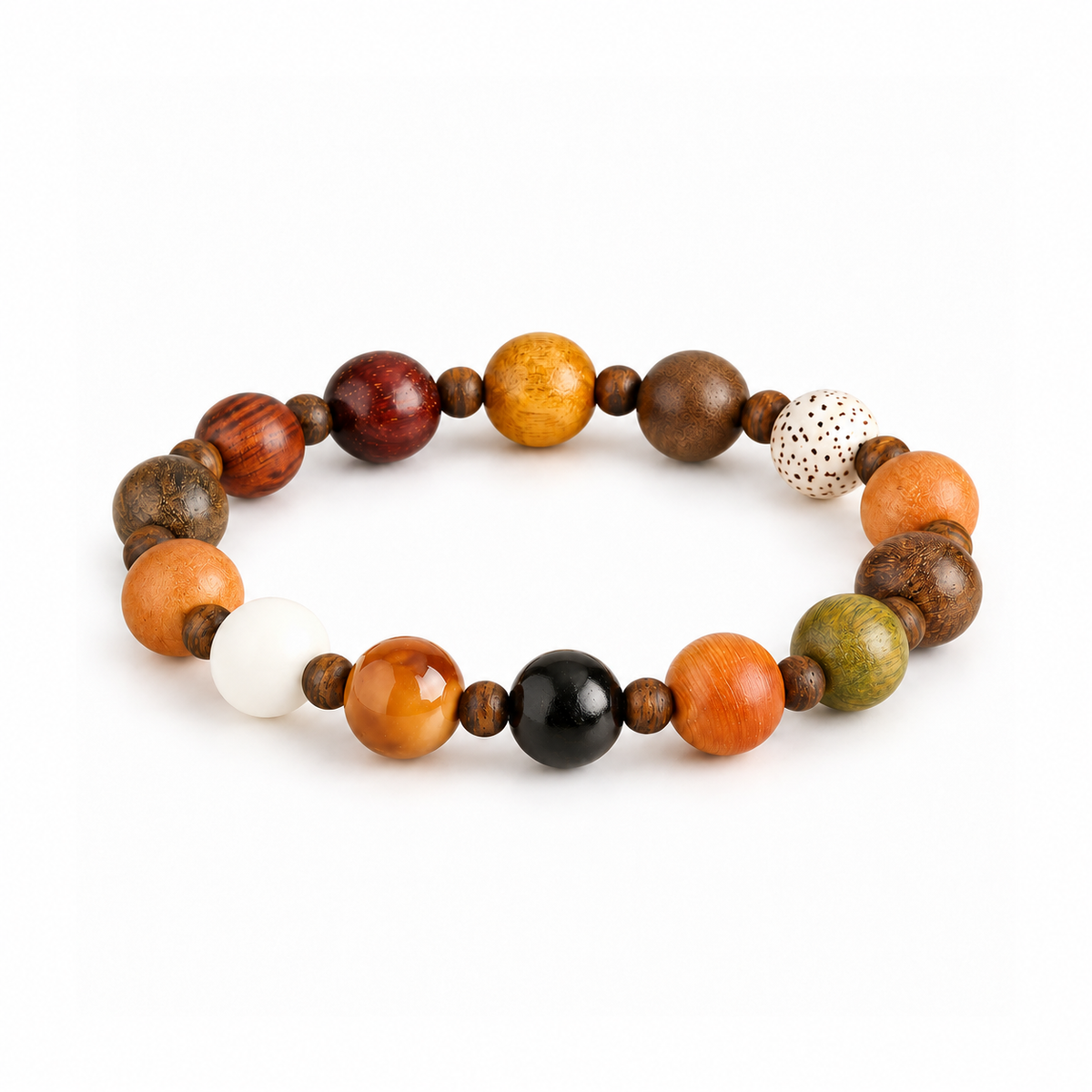 Mixed wood bead bracelet with 10mm main beads and small wooden spacers